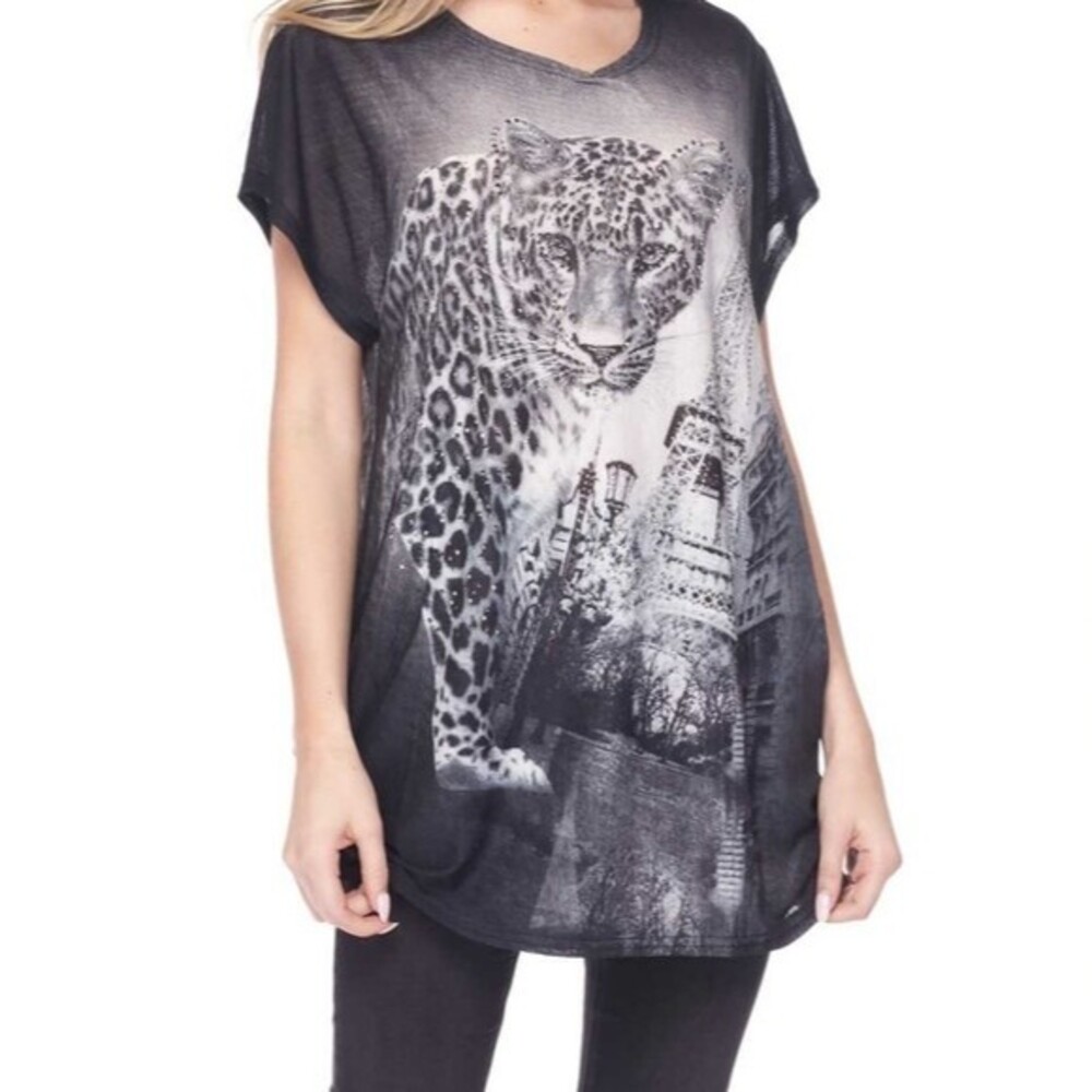 Black Tunic Top With Leopard/Eiffel Tower 3X